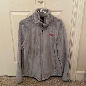 Gray Fuzzy North Face Jacket with Pink Logo